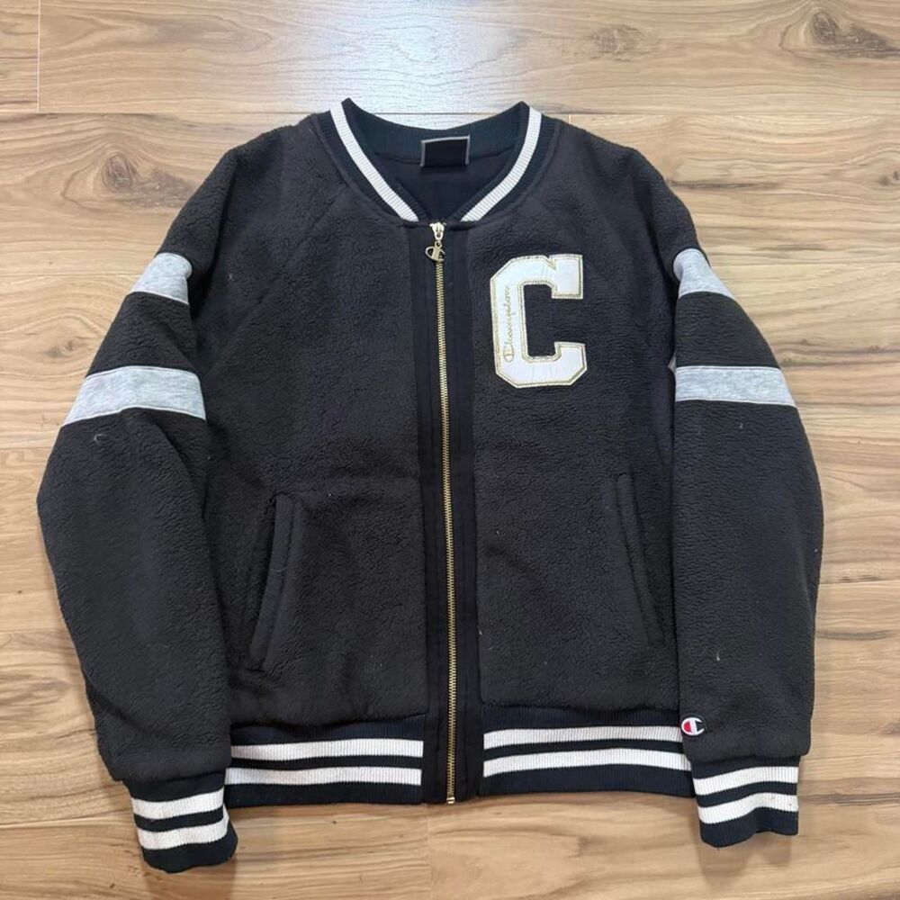Champion black sherpa fleece varsity bomber jacket full zip size medium